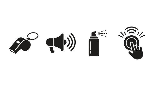 Set of four black icons representing communication and action.
