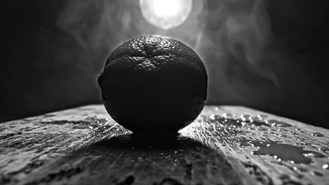 Low angle black and white shot of an orange with light bulb and smoke effect on a textured surface