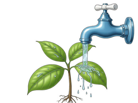 A blue faucet waters a small green plant