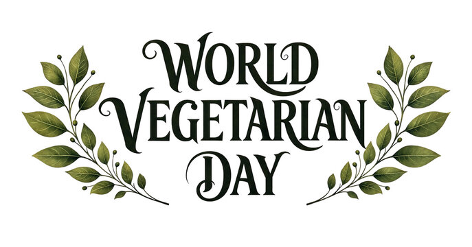 Beautiful world vegetarian day typography design with green leaves and elegant script font