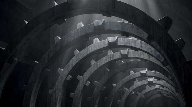 Close-up dramatic perspective of a massive fractal concrete structure resembling a skeletal spine, with recursive geometric forms receding into shadow.