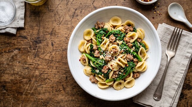 Orecchiette with Sausage and Broccoli Rabe: A rustic and flavorful dish of orecchiette pasta, tender broccoli rabe, and savory crumbled sausage.