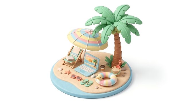 Cute 3D illustration of a summer sandy beach with a palm tree, umbrella, laptop, and swimming ring