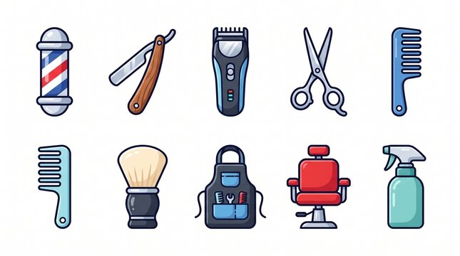 Create a premium barbershop and hair salon icon collection featuring 10 colorful professional grooming vector icons in a modern flat cartoon style. Design each icon with smooth rounded shapes, bold da
