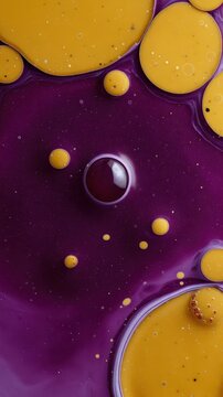 Abstract oil and water macro texture with yellow spheres on purple background