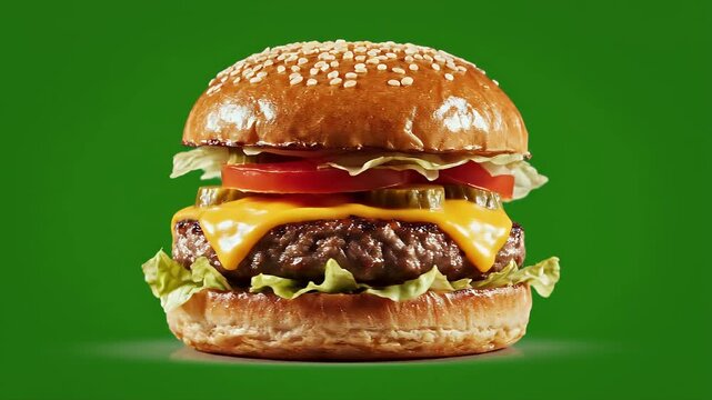 Cheeseburger with fresh lettuce, melted cheese, and tomato sits centered against a solid green background.