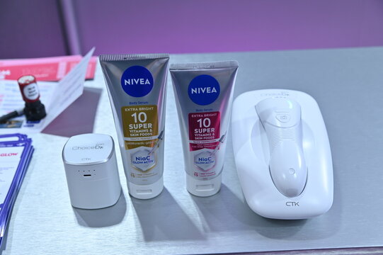 jakarta, indonesia - june, 11, 2026 : Nivea body lotion product, with a skin testing tool, Nivea brand owned by the German company Beiersdorf AG