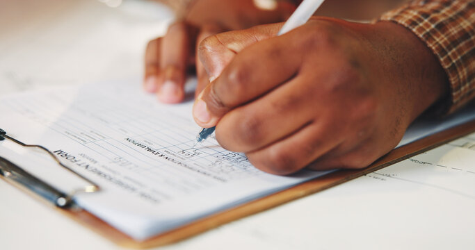 Hands, writing and application form for insurance with clipboard, risk assessment and administration. Person, complete information and document with survey, registration and sign up for policy cover.