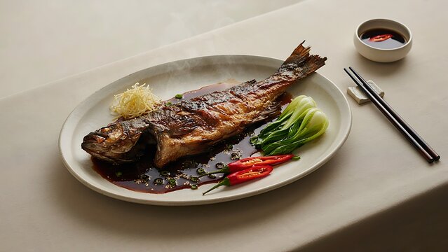 Steamed fish with soy sauce and bok choy on a plate