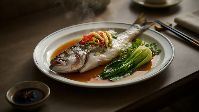 the dish depicted is actually a whole steamed fish (garnished with chili, scallions, and herbs, served with bok choy and a savory sauce) rather than grilled meat or beef BBQ with lettuce and onion