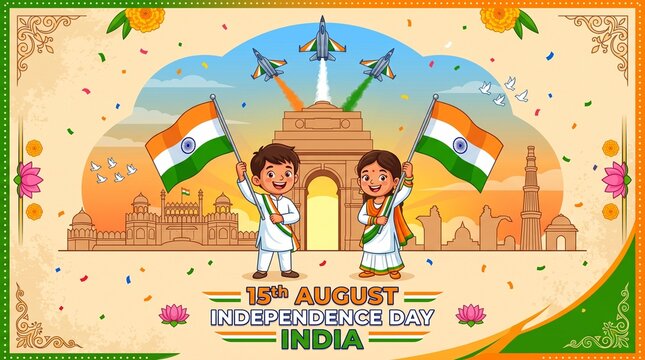 Create a vibrant Indian Independence Day 15 August celebration vector illustration in a colorful cartoon style. Show two happy Indian children standing in the center, wearing traditional white kurta o