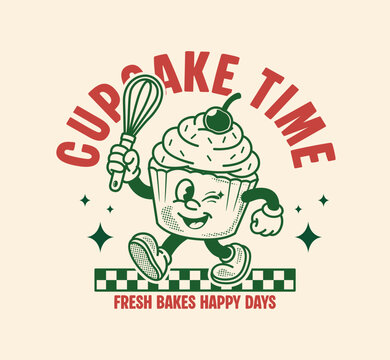 Vintage cartoon mascot illustration cupcake character holding a whisk with Cupcake. Retro bakery design element for t shirt print, logo, and badge