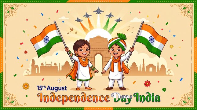 Create a vibrant Indian Independence Day 15 August celebration vector illustration in a colorful cartoon style. Show two happy Indian children standing in the center, wearing traditional white kurta o
