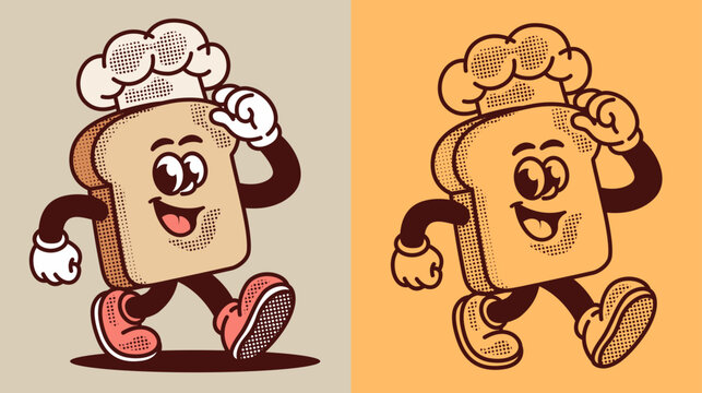 Colorful retro cartoon toast bread mascot wearing a chef hat. Bold line art with vintage halftone details, perfect for bakery branding, t shirt, sticker, logo, and print