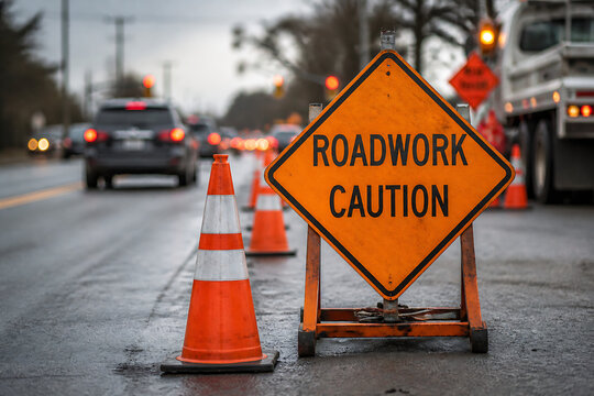 Roadwork caution sign and cones on a wet, busy road with traffic in the background.