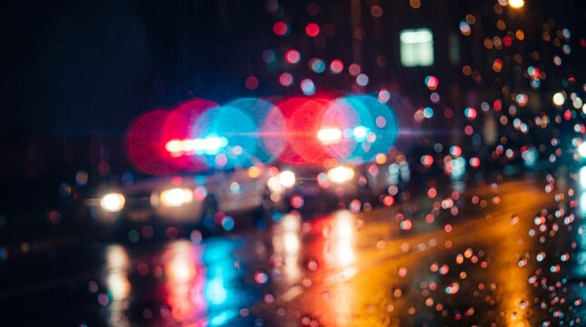 Fully defocused night street scene of blurred police cars with glowing red and blue strobe orbs rain bokeh and wet asphalt reflections, representing urban emergency response and night patrol concept