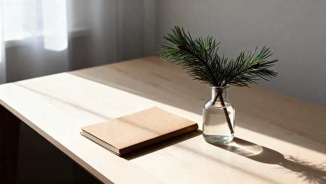 Pine branch in glass bottle vase on wooden desk next to blank notebook, simple workspace and nature concept