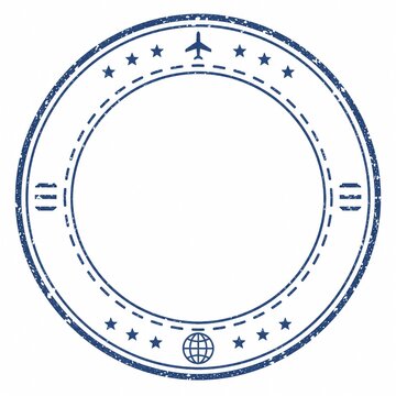 飛行機と地球のモチーフが描かれた旅行のパスポートスタンプ風円形フレーム