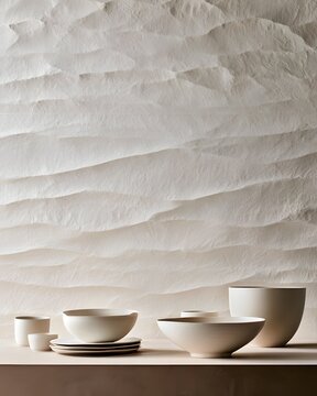 Minimalist ceramic tableware setup against textured wavy wall