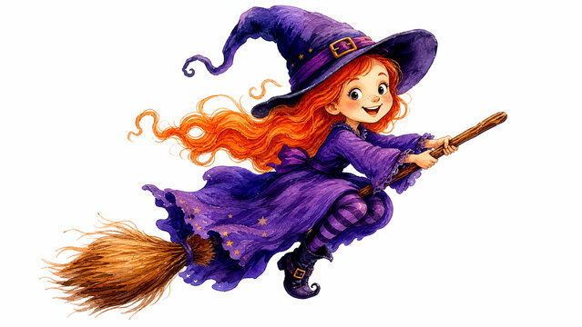 Cute spooky watercolor Halloween clipart element featuring a happy little witch flying on a broomstick with soft pastel colors and hand-painted texture isolated on a pure white background
