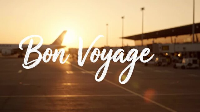 Bon Voyage Greeting Text Over Blurred Airport Sunset Background with Airplane for Travel and Vacation Concept