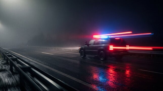 Generic Emergency Vehicle With Red and Blue Light Streaks Speeding Through Thick Fog on an Empty Night Highway Motion Blurred Representing Emergency Response Rapid Aid and Public Safety Concept
