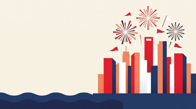Flat vector illustration of a city skyline with fireworks and flags, copy space