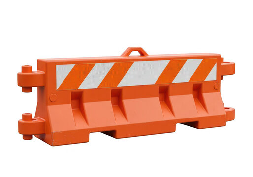 Orange traffic barrier with reflective stripes on transparent background road construction