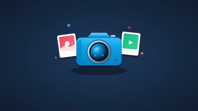Blue camera icon with photo and video polaroids in flat vector style for media and photography concepts