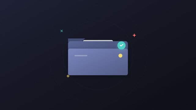 A 3D render of a digital folder icon with a checkmark, symbolizing successful file management and organization on a dark background
