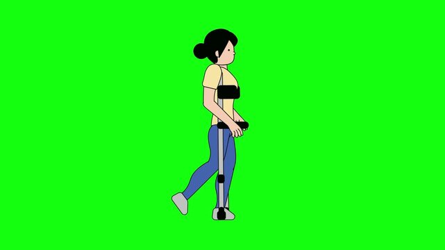 Animated Woman with Orthopedic Brace Walking on Green Screen
