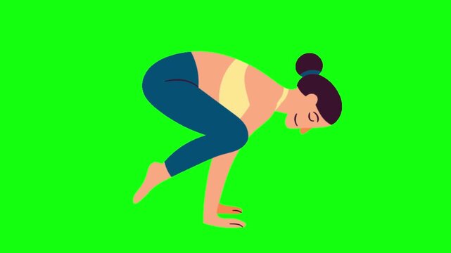 Animated Woman Practicing Crow Pose Yoga on Green Screen