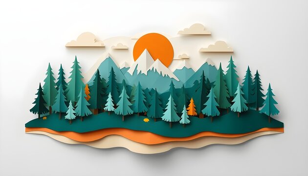 3D Paper Cut Art Layered Forest Landscape with Snow Mountain, Pine Trees and Sun, Modern Generative AI Vector Craft Illustration