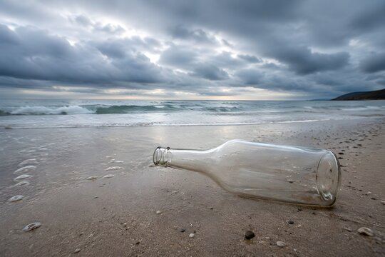 Empty Message Bottle on Lonely Beach Creates Soft Coastal Mystery and Unspoken Communication Concept Photography