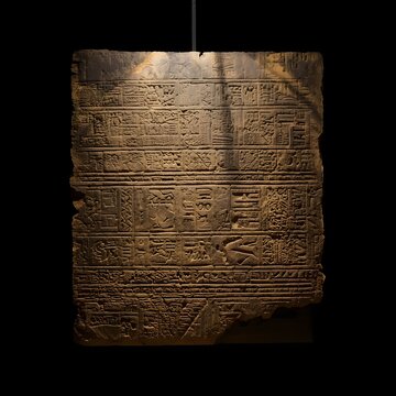 Ancient Egyptian Rosetta Stone Tablet with Engraved Hieroglyphics Isolated on Black Background