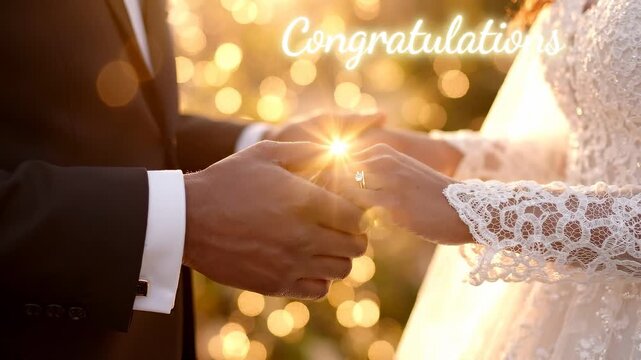 Bride and groom holding hands with congratulations text overlay and sparkling light
