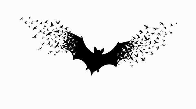 Silhouette of a flying bat dissolving into a flock of small bats
