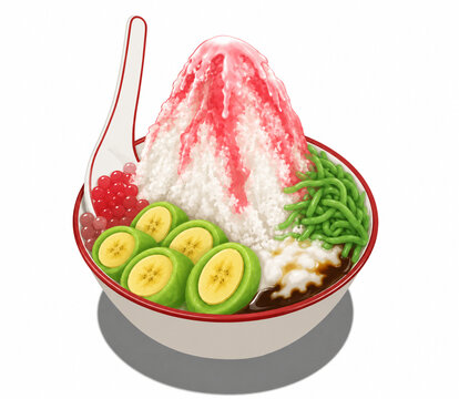 Indonesian es pisang ijo shaved ice dessert with green banana marrow porridge syrup isolated on white background