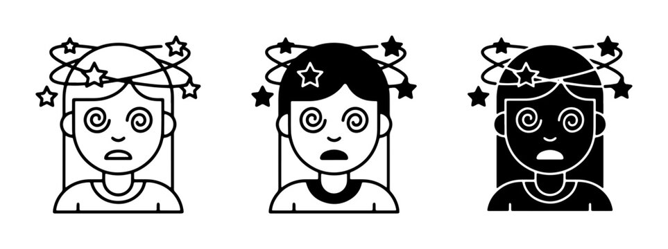 Dizzy Person Icons, Vertigo Sensation, Concussion Symptoms, Motion Sickness, Dizziness Vector Set, Medical Illustration