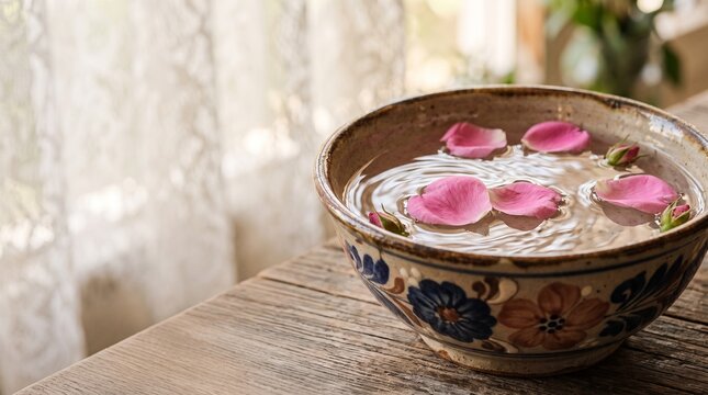 Ceramic bowl with rosewater petals for milad nabi islam celebration peace