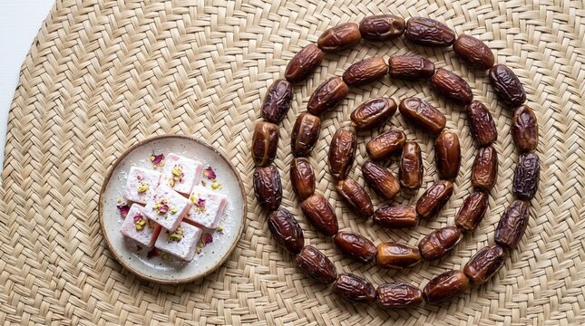 Dates arranged in a spiral pattern for Milad un Nabi in Islam celebration