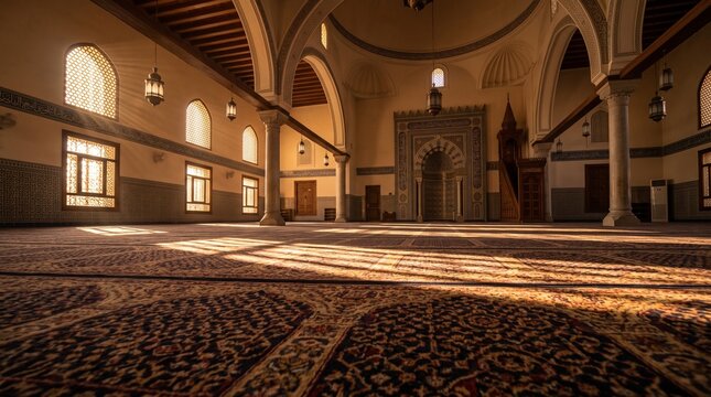 Sunlight illuminates the empty mosque for a peaceful milad nabi islam prayer session