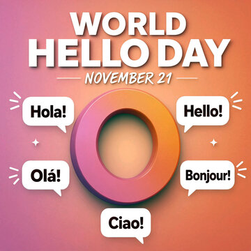 Colorful world hello day celebration poster with greetings in multiple languages on november twentyfirst