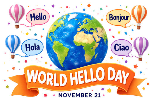 Colorful world hello day celebration with greetings and hot air balloons illustration design