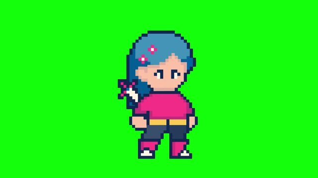 Pixel Art Character with Blue Hair and Pink Outfit