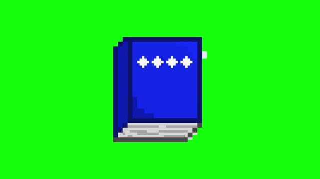 Pixel Art Blue Book with Four Stars on Green Screen Background