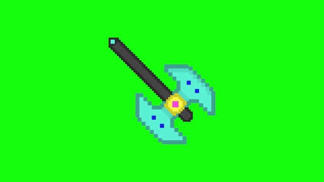 Pixel Art Double-Bladed Axe on Green Screen Background