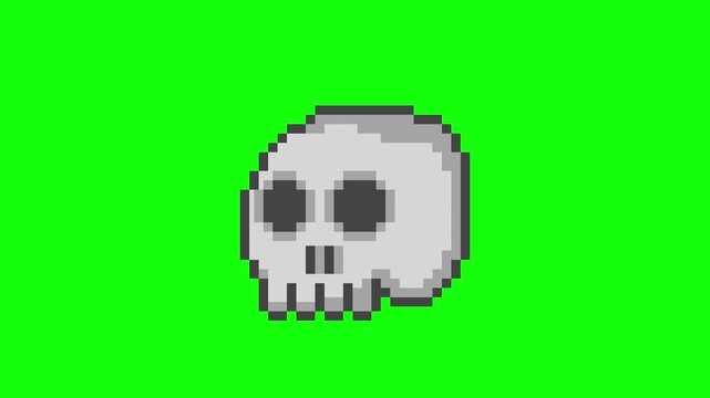 Pixelated Skull with Red Eyes on Green Screen