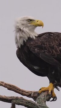 Bald eagle eating fish on tree branch