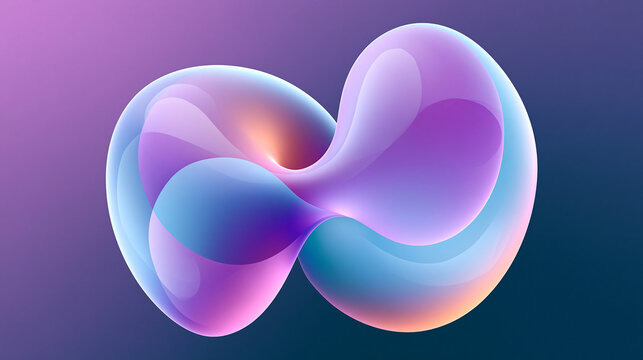Abstract iridescent fluid torus shape with pastel gradient colors and soft lighting on dark purple background.
